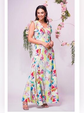 Elena Wang women large 12 14 dress maxi Colorful Leaf Print blue red flutter nwt